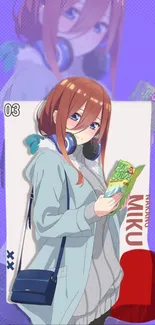 Anime girl in a blue coat with headphones holding a book.