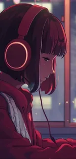 Anime girl with headphones and red hoodie at night.