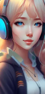 Anime girl with blue eyes and blush pink headphones.