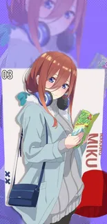 Anime girl with headphones reading a book