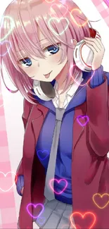 Anime girl with pink hair and headphones against a vibrant backdrop.