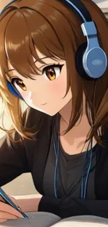 Anime girl studying with headphones on.