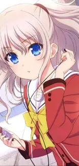 Anime girl with headphones and a red outfit holding a device.