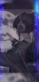 Anime girl with headphones and heart shape pose under moonlight.