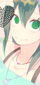 Anime girl with mint green eyes and heart design background.