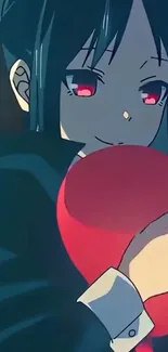 Anime girl holding a red heart with dark blue background.