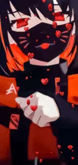 Anime girl with orange and black outfit surrounded by heart bubbles.