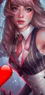 Anime girl in suit with heart design on mobile wallpaper.