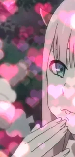 Anime girl with pink heart-shaped light effects.