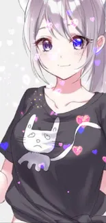 Anime girl with violet eyes and colorful hearts on black shirt.