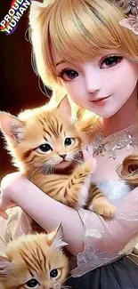 Anime girl holding kittens in digital art.