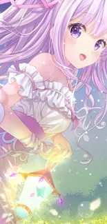 Anime girl with flowing purple hair holding a lantern in a magical landscape.