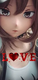 Anime girl with 'LOVE' text in bold red heart design.