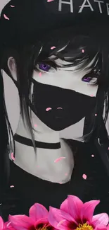 Anime girl with mask and pink flowers in a dark theme wallpaper.