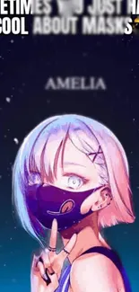 Anime girl with mask against a starry blue background.