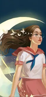 Anime girl with glasses under crescent moon; wearing sailor outfit with flowing hair.