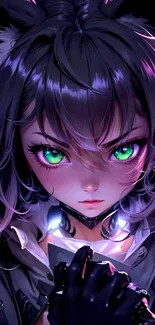 Anime girl with neon green eyes and purple hues in a mystical setting.