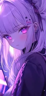 Anime girl with neon lights holding smartphone.