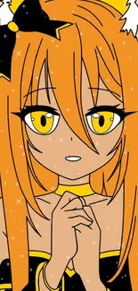 Anime girl with orange hair and bright yellow eyes, sparkling effect.