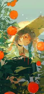 Anime girl in garden with oranges.