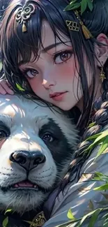 Anime girl cuddling a panda amidst green leaves.