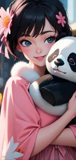 Anime girl holding a panda plush in a pink kimono with city lights.