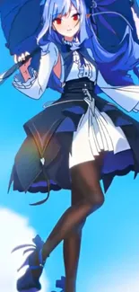 Anime girl with parasol in blue sky, artistic style.