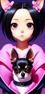 Anime girl with cat-ears and Chihuahua in pink and purple hues.