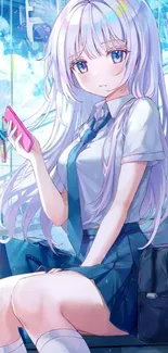 Anime school girl with phone in vibrant setting.