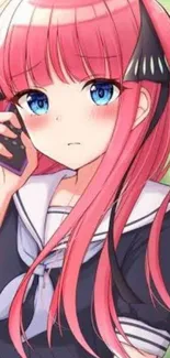 Anime girl with pink hair, holding a phone in school uniform.