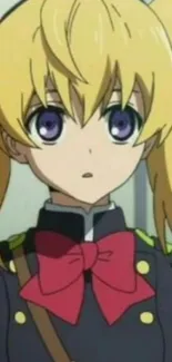 Anime girl with blonde pigtails and purple eyes in military uniform.