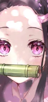 Anime girl with pink eyes and bamboo gag, surrounded by petals.