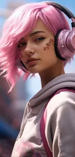 Anime girl with pink hair and headphones in urban setting.