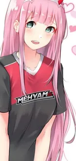 Anime girl with pink hair and red accents, looking cute.