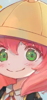 Cute anime girl with pink hair and a yellow hat on wallpaper.