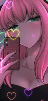 Anime girl with pink hair holding a phone surrounded by colorful heart patterns.