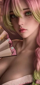 Anime girl with pink hair and a fan, exuding elegance.