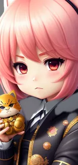 Anime girl with pink hair holding a toy cat, wearing a stylish jacket.