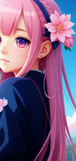 Anime girl with pink hair and flower under a blue sky.