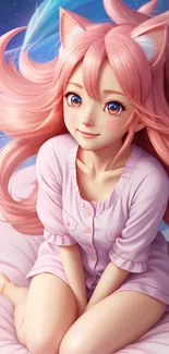 Anime girl with pink hair and vibrant eyes sitting on a pillow.