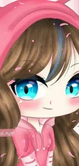 Cute anime girl with pink hoodie and bright blue eyes.