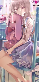 Anime girl with plush bunny in soft lavender hues.