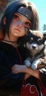 Anime girl holding a cute puppy under a clear blue sky.