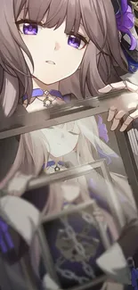 Anime girl with purple accents holding a framed picture.