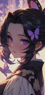 Anime girl with purple butterflies in artistic mobile wallpaper.