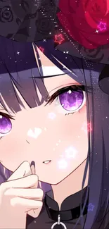 Anime girl with purple eyes, gothic theme, and star effects mobile wallpaper.