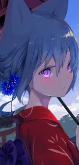 Anime girl with purple eyes and blue hair under a calm sky.