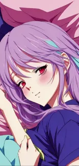 Anime girl with purple hair, resting on pink and blue pillows.