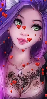 Anime girl with purple hair and hearts surrounding her in a vibrant fantasy style.