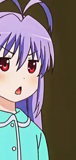 Anime girl with purple hair and red eyes, wearing a pastel outfit.